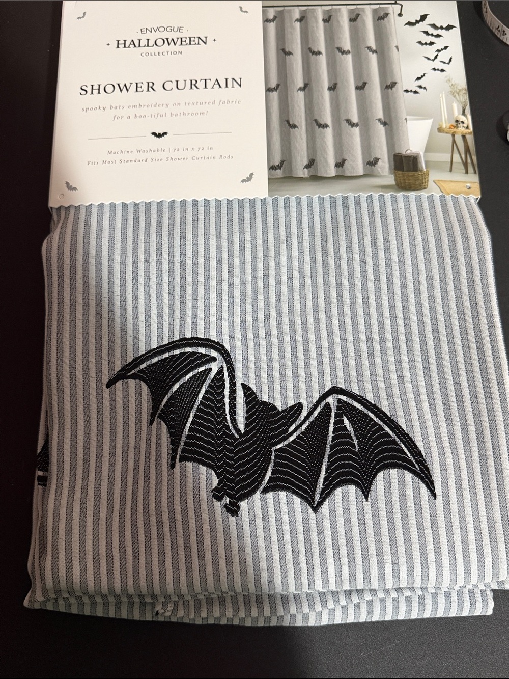 Envogue Halloween embroidered bat shower curtain 72”